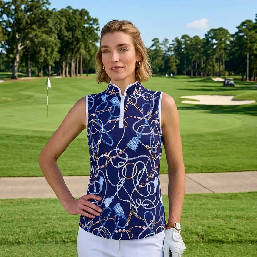 G-Lifestyle Womens Sleeveless Zip Mock - Navy Belt - Skorzie