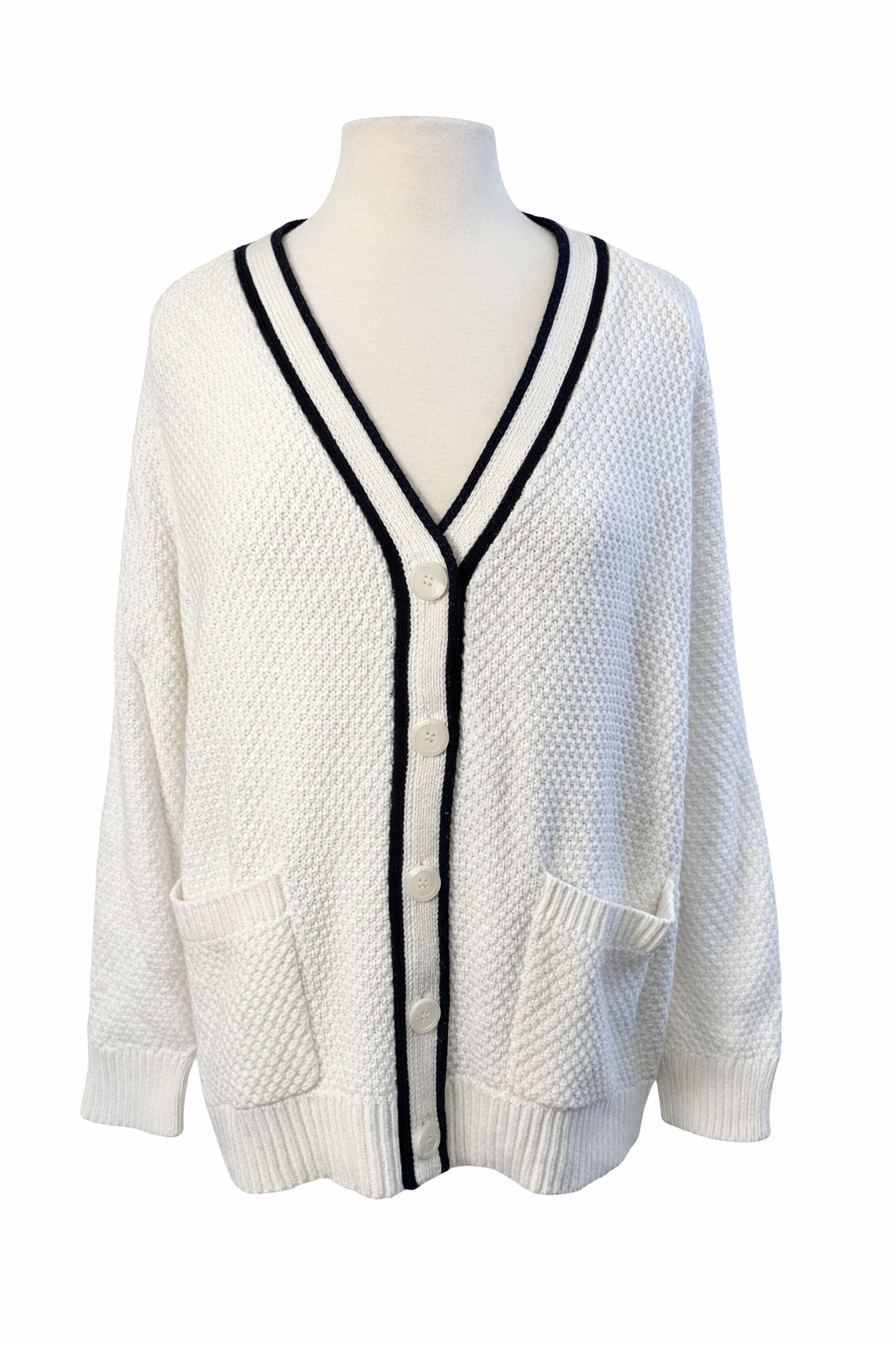 27 Miles Rio Textured V-Neck Cadigan Sweater - Cloud White - Medium - Skorzie