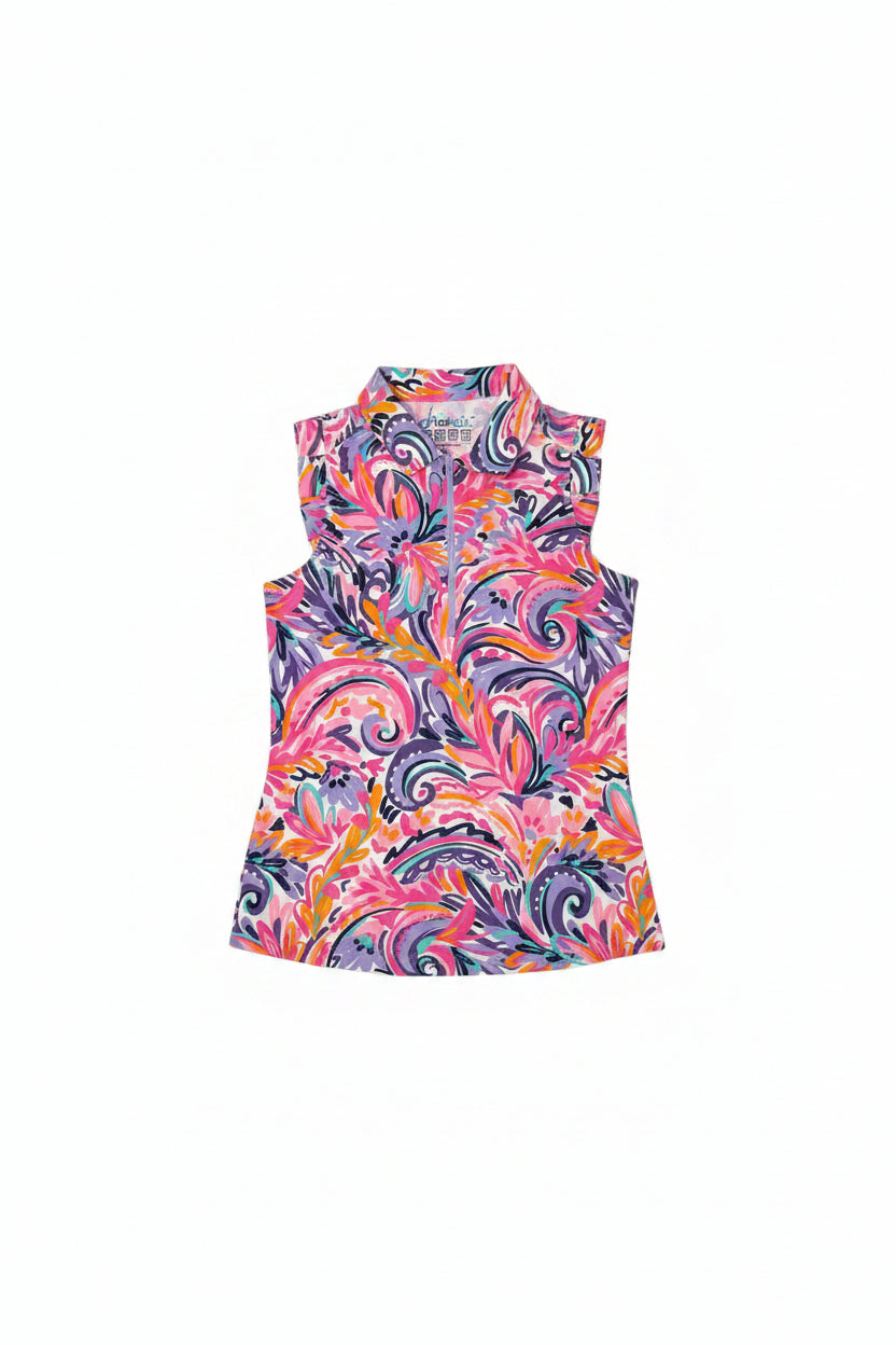 IBKUL Women's Aubrey Ruffle Sleeveless Zip Polo - Floral Swirl