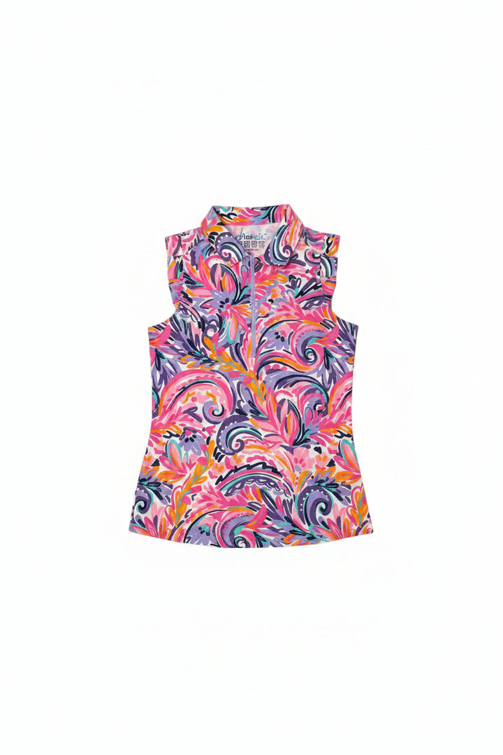 IBKUL Women's Aubrey Ruffle Sleeveless Zip Polo - Floral Swirl