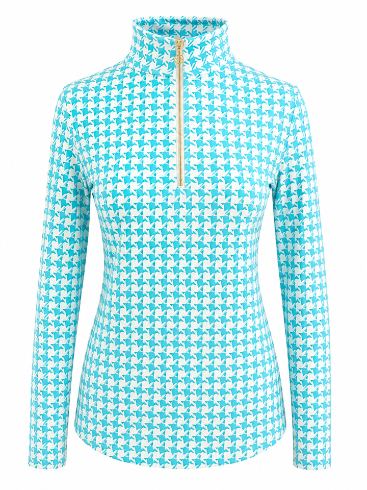 G-Lifestyle Long Sleeve Quarter Zip - Turquoise Houndstooth - Small
