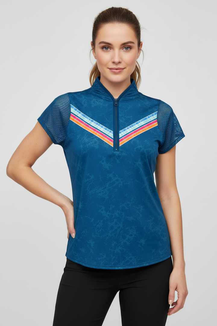 Lucky In Love Borderline Short Sleeve Zip Top - Indigo