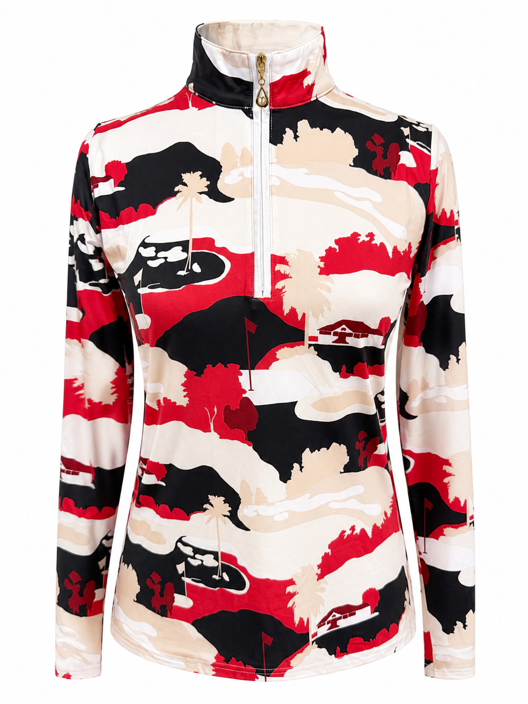 SanSoleil SolCool Long Sleeve Mock Zip Top -  Vista Red/Black