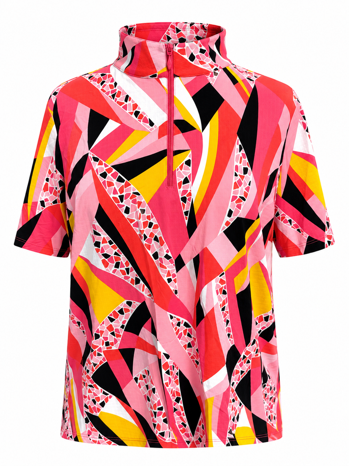 IBKUL Brianna Short Sleeve Zip Mock - Watermelon/Multi