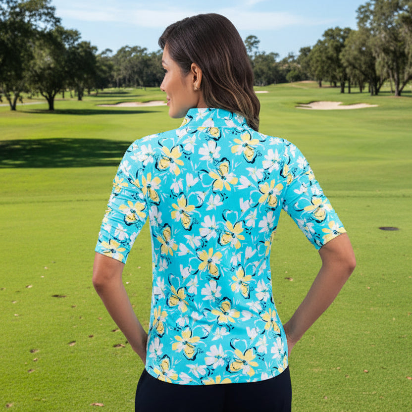 IBKUL Womens Demi Ruched Elbow Sleeve Zip Polo - Seafoam/Lemonade