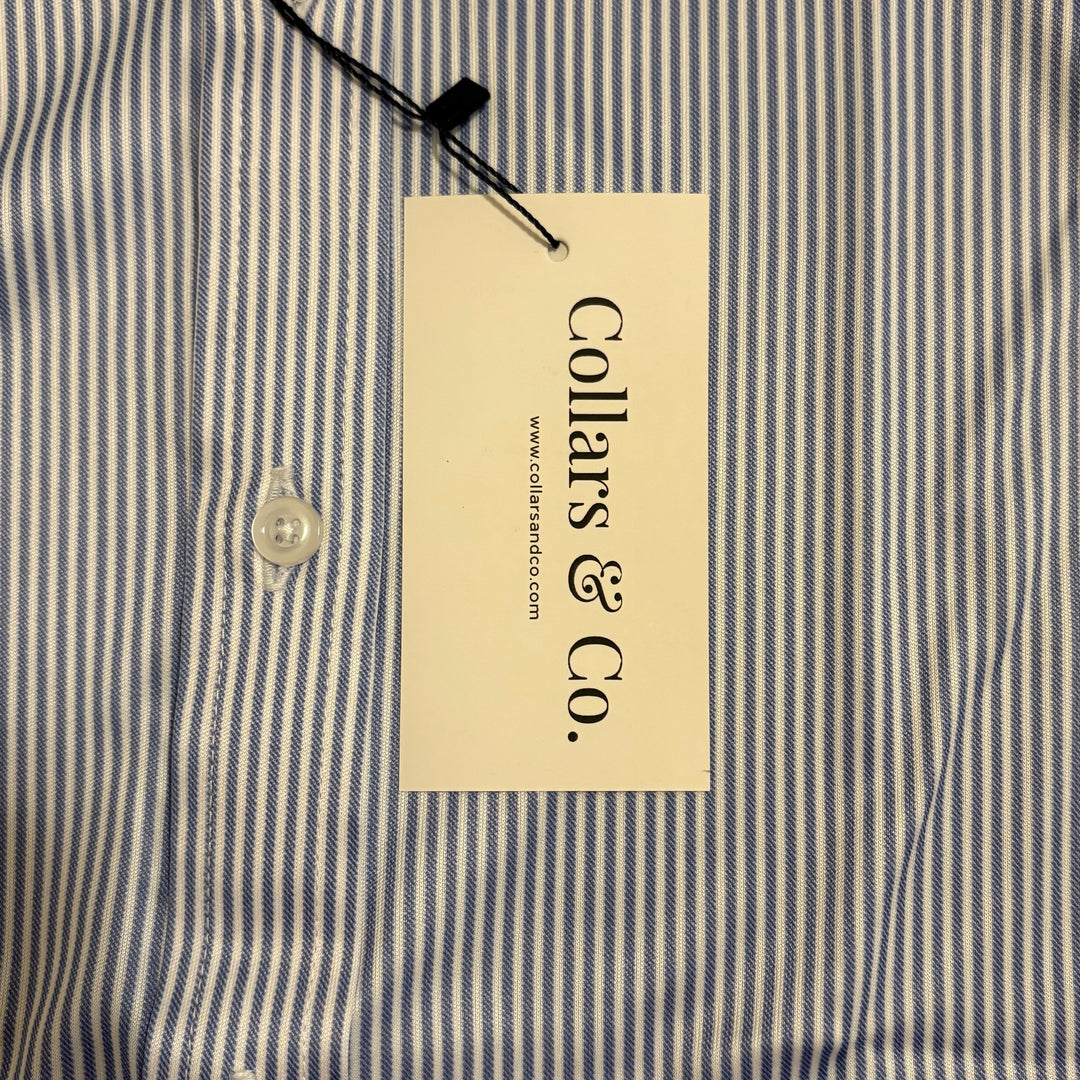 Collars & Co. Men's L/S Polo Performance Fabric Semi-Spread Blue Thin Pinstripe Size XL
