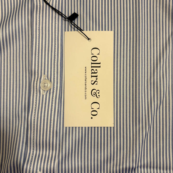 Collars & Co. Men's L/S Polo Performance Fabric Semi-Spread Blue Thin Pinstripe Size XL