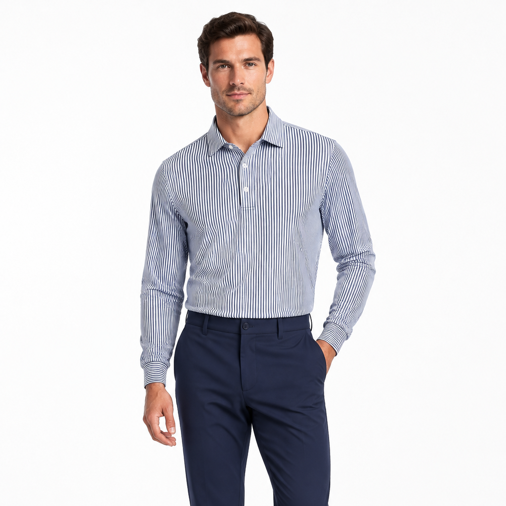 Collars & Co. Men's L/S Polo Performance Fabric Semi-Spread Blue Thin Pinstripe Size XL