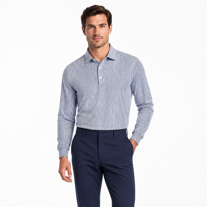 Collars & Co. Men's L/S Polo Performance Fabric Semi-Spread Blue Thin Pinstripe Size XL