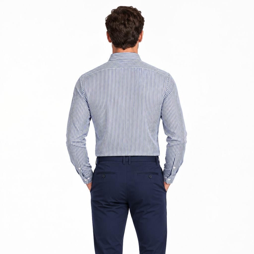 Collars & Co. Men's L/S Polo Performance Fabric Semi-Spread Blue Thin Pinstripe Size XL