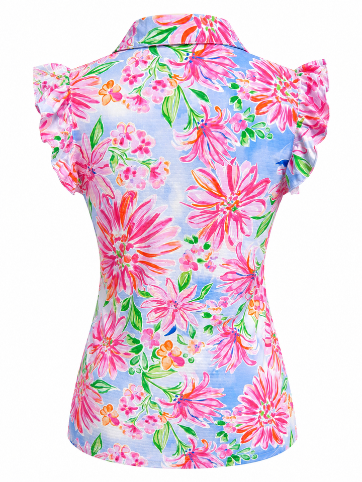 G-Lifestyle Button Ruffle Sleeveless Polo - Flower Garden - Small