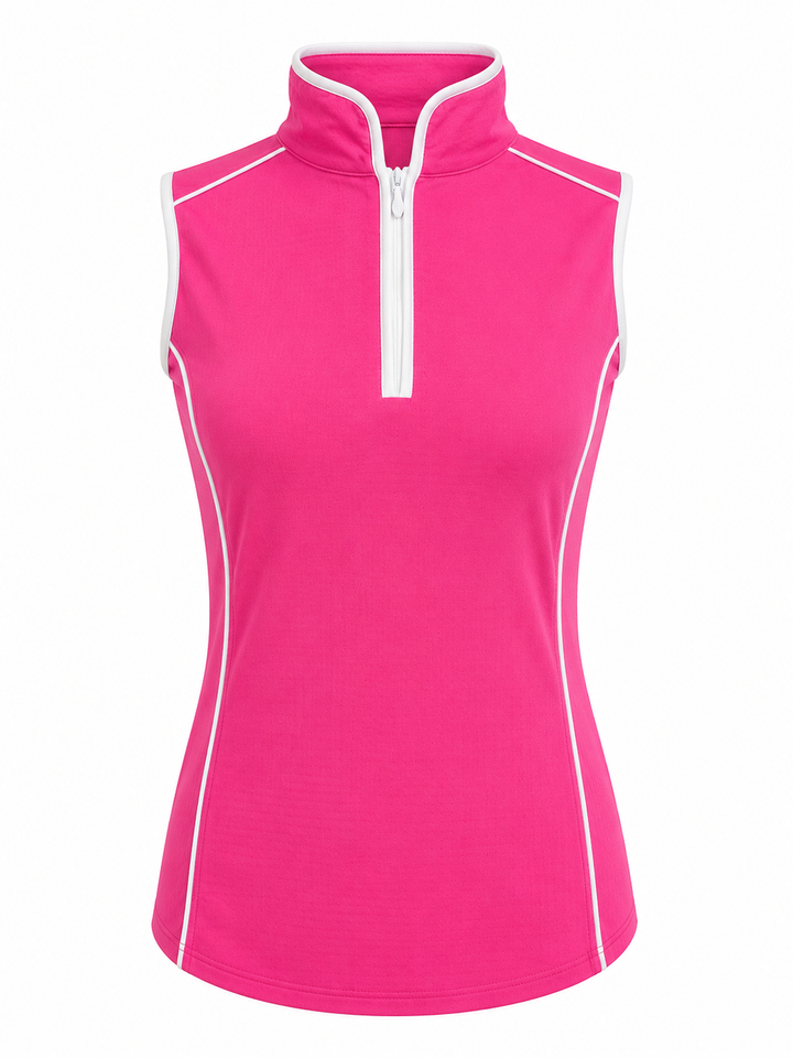 G-Lifestyle Sleeveless Piping Mock Neck Top - Hot Pink - Small