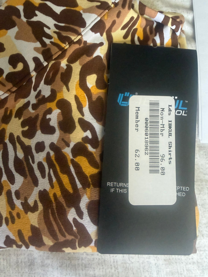 IBKUL Karen Print Ruched Elbow Sleeve Mandarin Collar Top