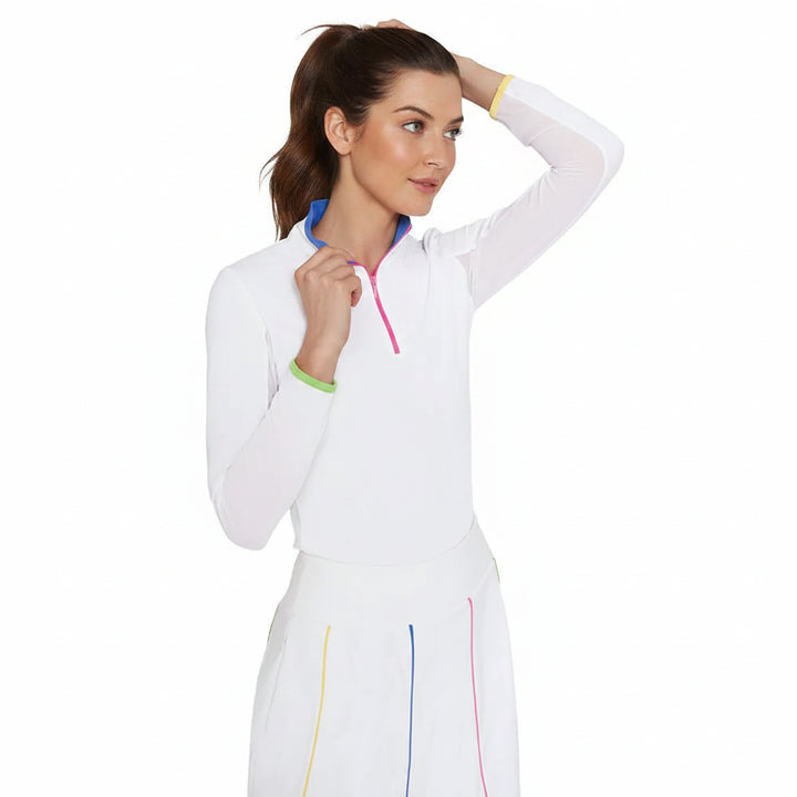 G-Lifestyle Long Sleeve Color Block Zip Mock Neck Top - White/Bright - Skorzie