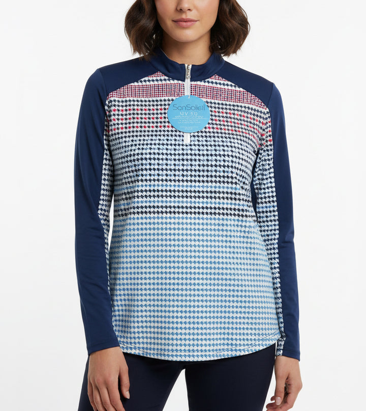 SanSoleil Women's Golf L/S Top SolMelange Mock Zip Blue Houndstooth Size XL