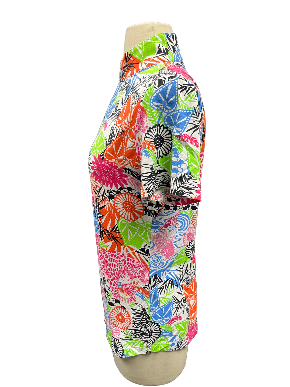 IBKUL Short Sleeve Mock Neck Top - Leopard/Floral Print - Small - Skorzie