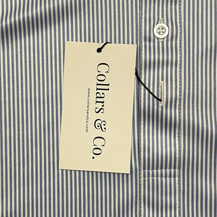 Collars & Co. Men's Polo Performance Fabric Semi-Spread Collar Blue Stripe Size L