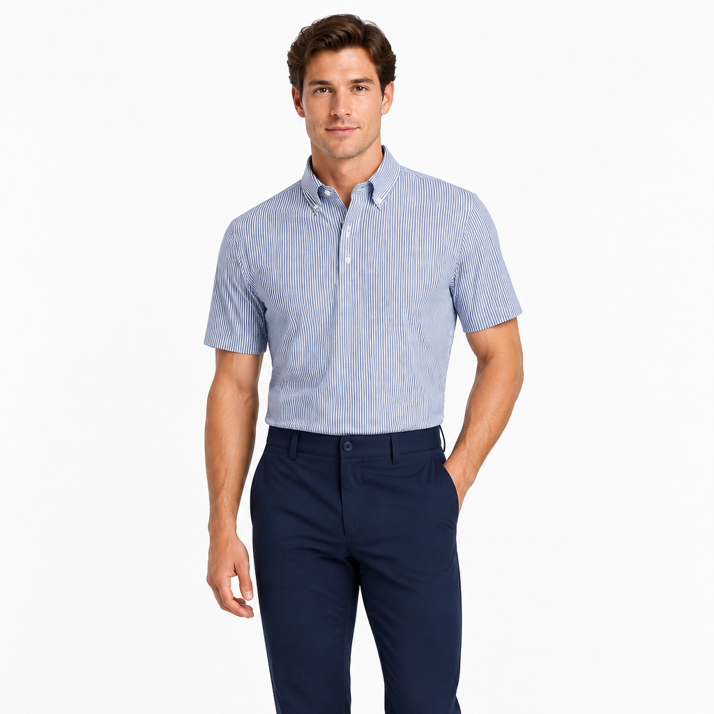 Collars & Co. Men's Polo Performance Fabric Semi-Spread Collar Blue Stripe Size L