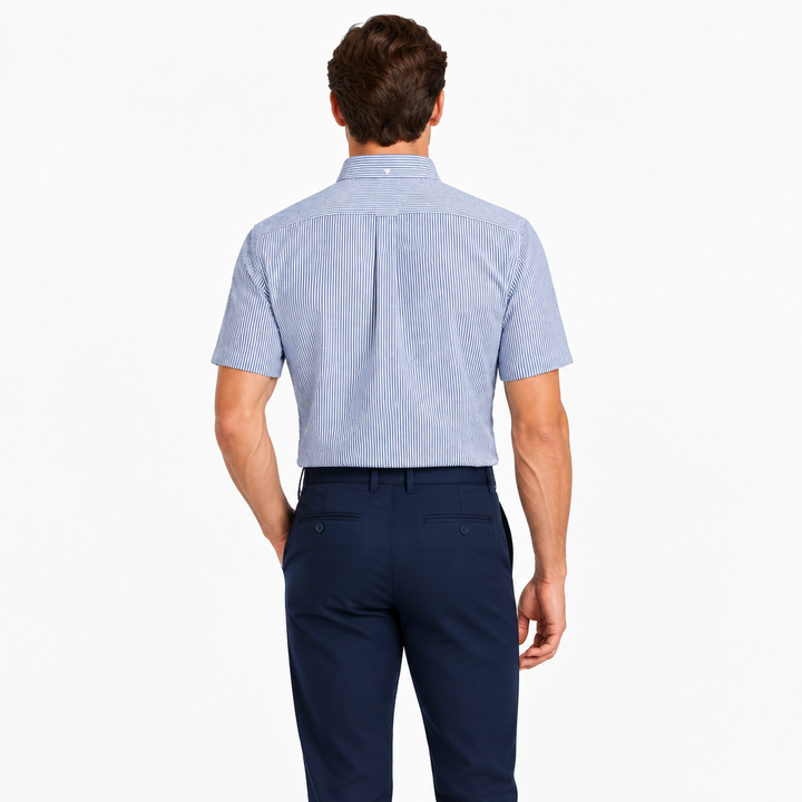 Collars & Co. Men's Polo Performance Fabric Semi-Spread Collar Blue Stripe Size L