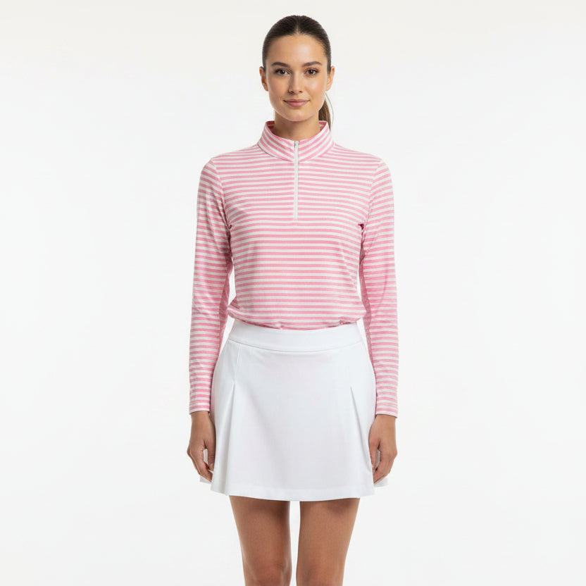 IBKUL Women's Long Sleeve Zip Mock Landon Stripe Pink/White Size XL