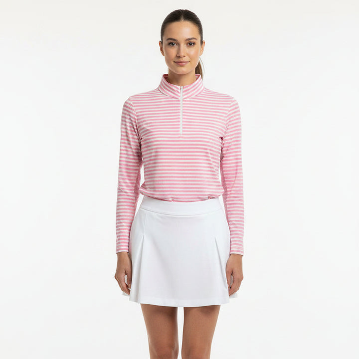 IBKUL Women's Long Sleeve Zip Mock Landon Stripe Pink/White Size XL