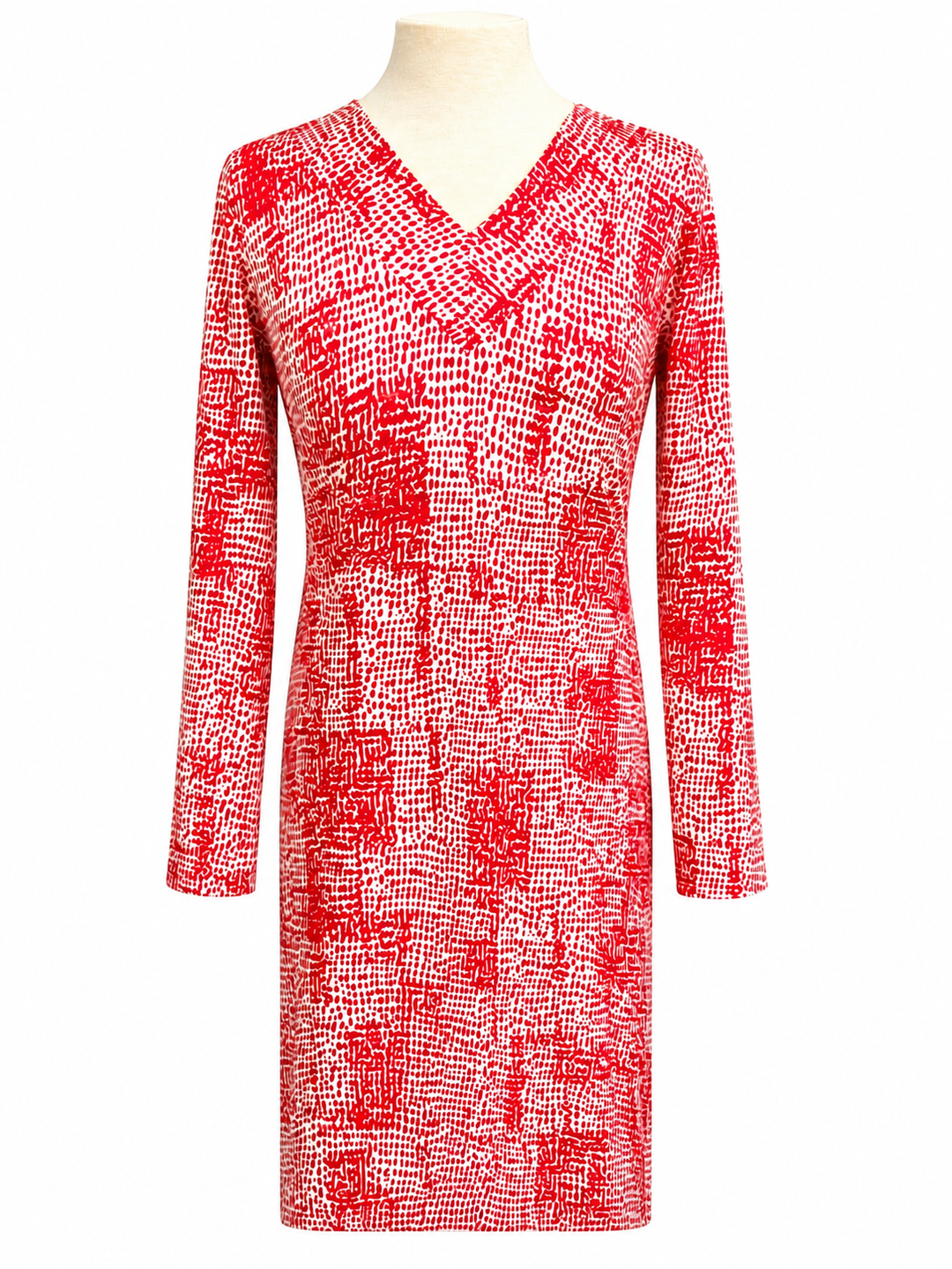 IBKUL Long Sleeve V-Neck Pattern Dress - Red/White - Small - Skorzie