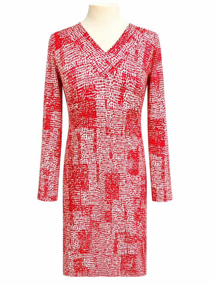 IBKUL Long Sleeve V-Neck Pattern Dress - Red/White - Small - Skorzie