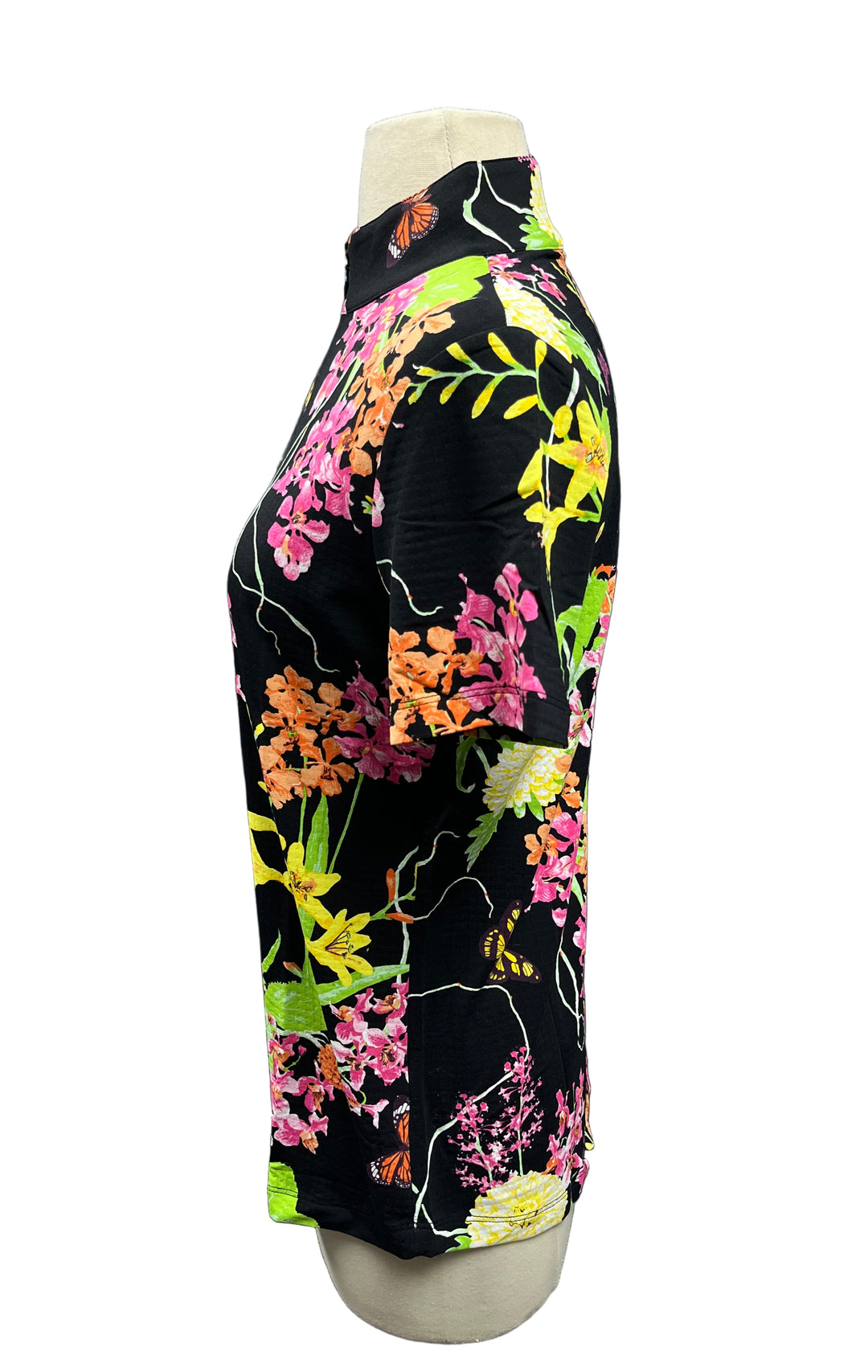 IBKUL Floral Short Sleeve Mock Neck Top - Black - Small - Skorzie