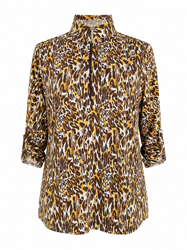 IBKUL Karen Print Ruched Elbow Sleeve Mandarin Collar Top