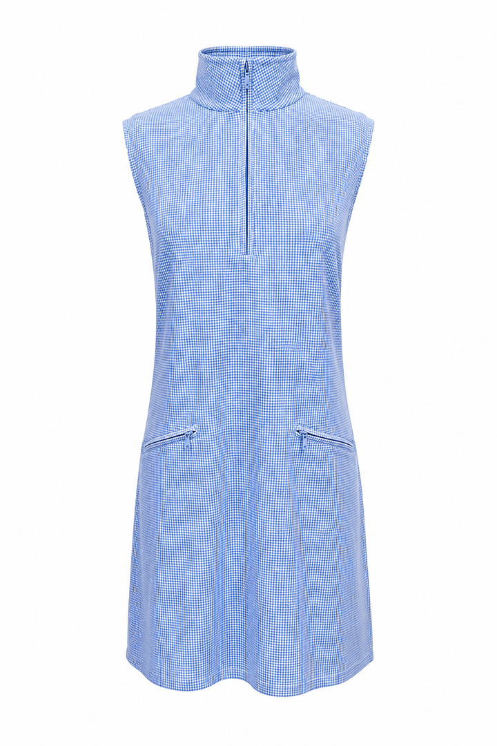 IBKUL Mini Check Sleeveless Zip Mock Dress - Blue/White