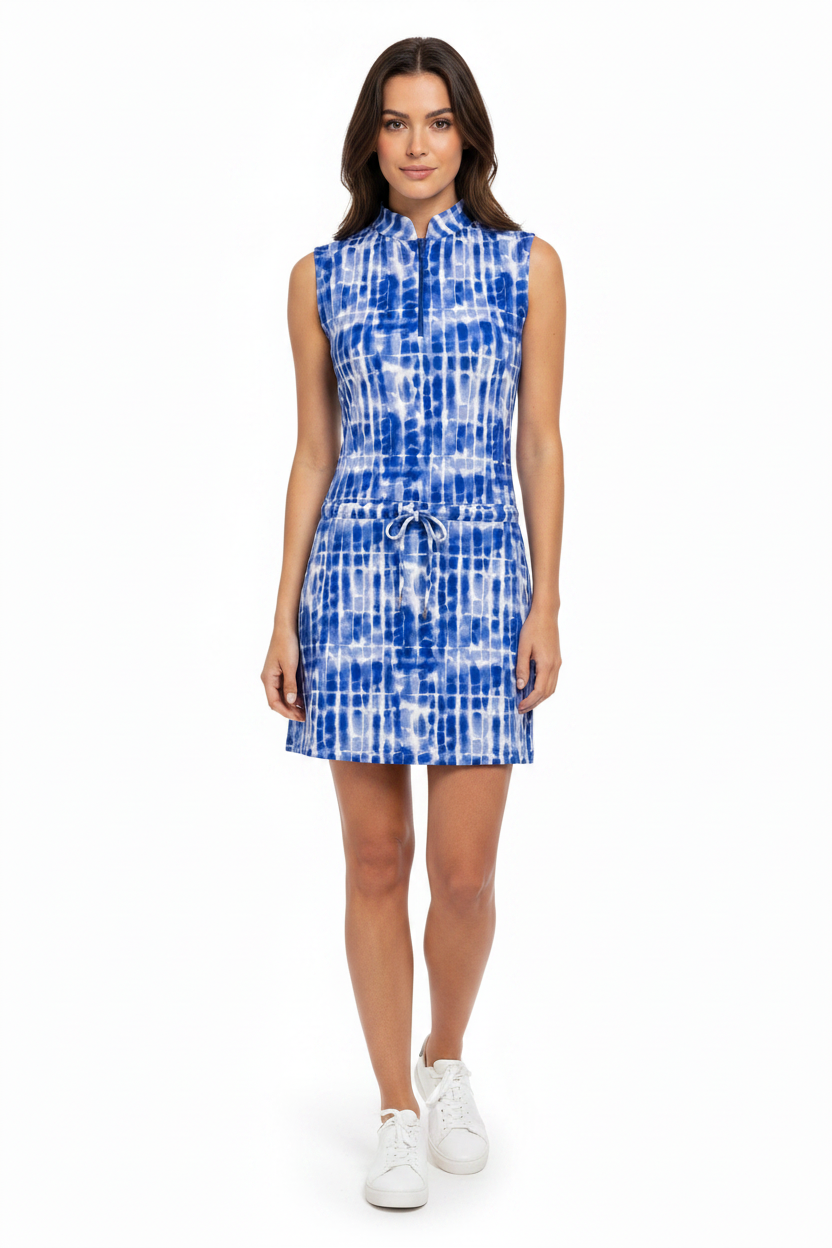 IBKUL Sleeveless Drawstring Waist Dress - Blue/White - XS