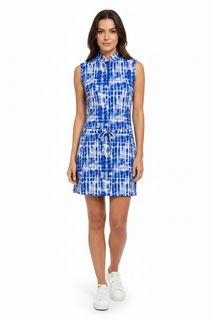 IBKUL Sleeveless Drawstring Waist Dress - Blue/White - XS