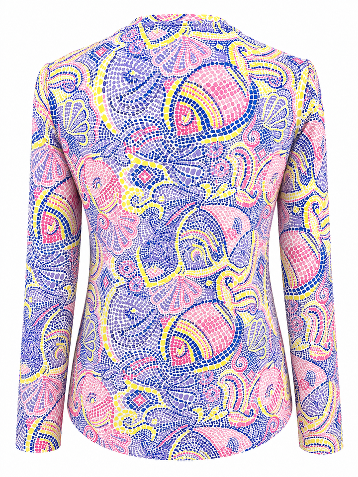 IBKUL Mariel Long Sleeve Crew Neck Top - Purple Multi Fish