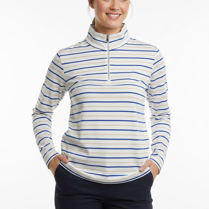 Lohla Sport Womens Golf L/S Polo Malik Striped Beige/Royal Blue