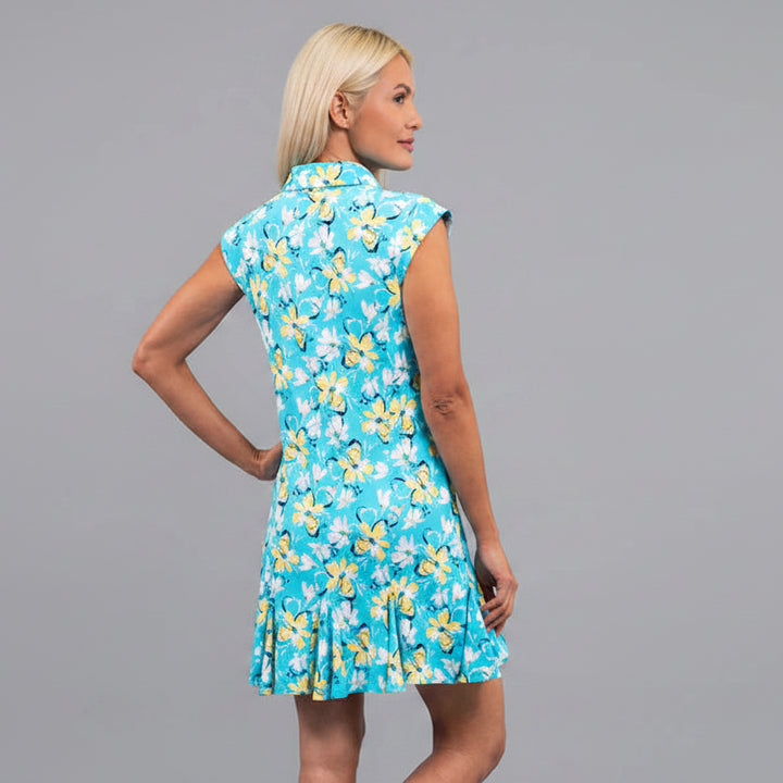 IBKUL Womens Demi Sleeveless Zip Dress - Seafoam/Lemonade