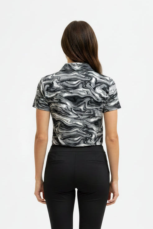 IBKUL Women's Devin Short Sleeve Zip Mock Top - Black Marble