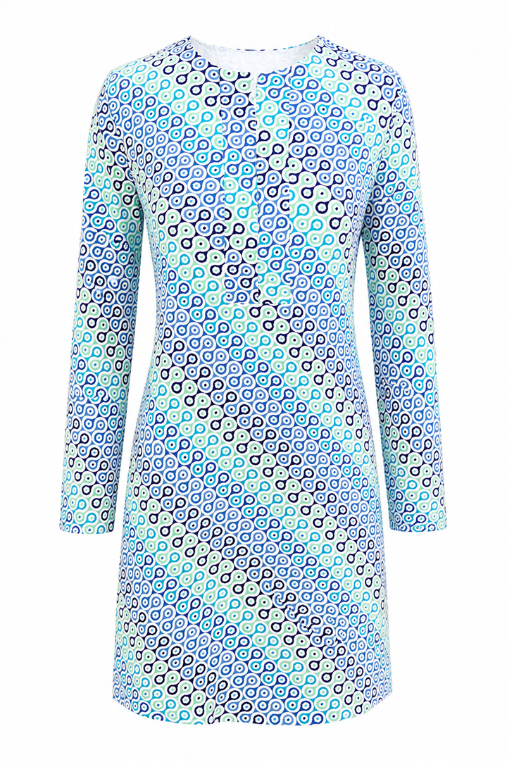 IBKUL Long Sleeve Modern Blues Pattern Zip Dress - Small - Skorzie