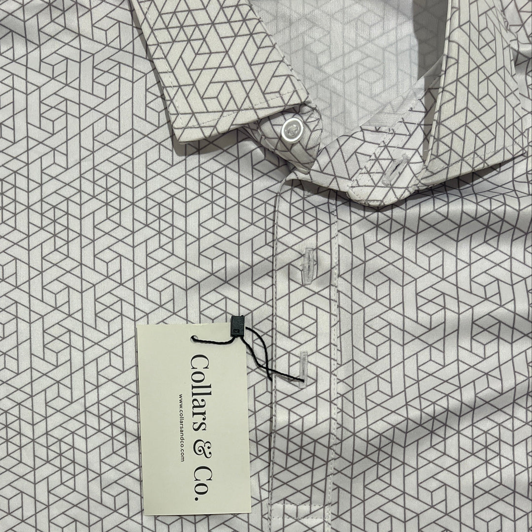 Collars & Co. Men's Polo Performance Fabric Semi-Spread Collar White/Grey Print Size XL