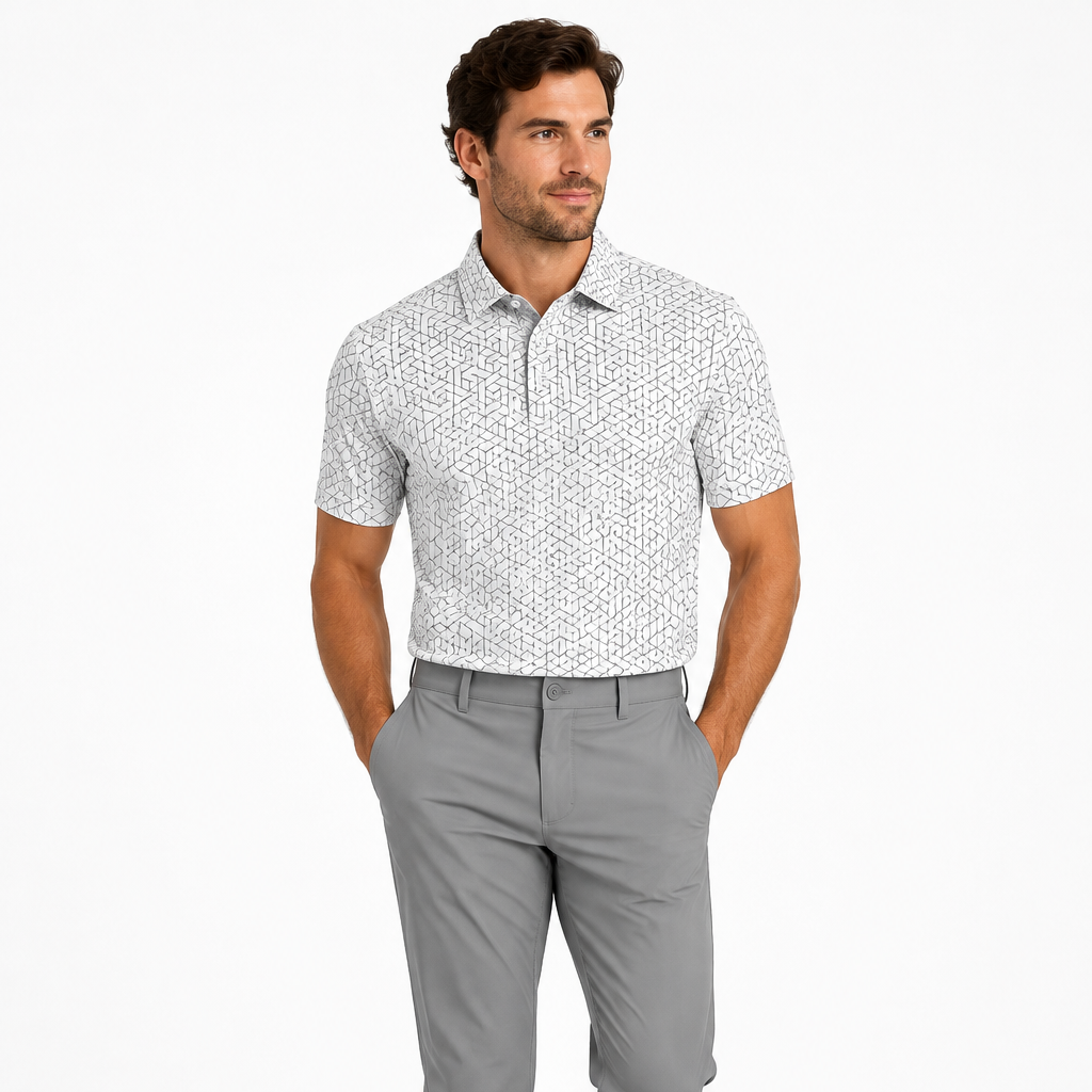 Collars & Co. Men's Polo Performance Fabric Semi-Spread Collar White/Grey Print Size XL