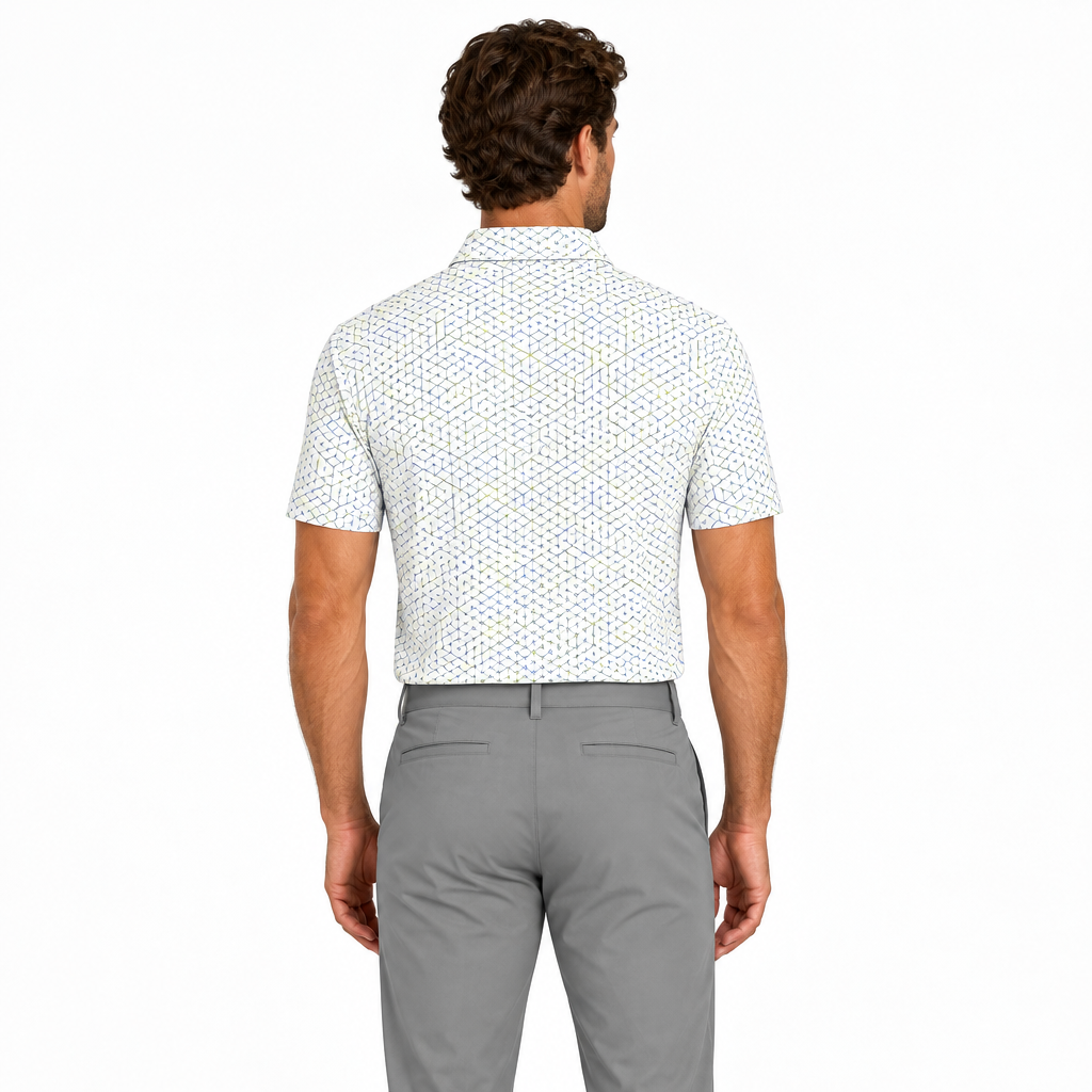 Collars & Co. Men's Polo Performance Fabric Semi-Spread Collar White/Grey Print Size XL