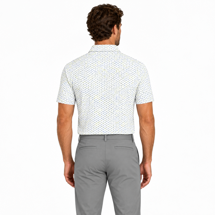 Collars & Co. Men's Polo Performance Fabric Semi-Spread Collar White/Grey Print Size XL
