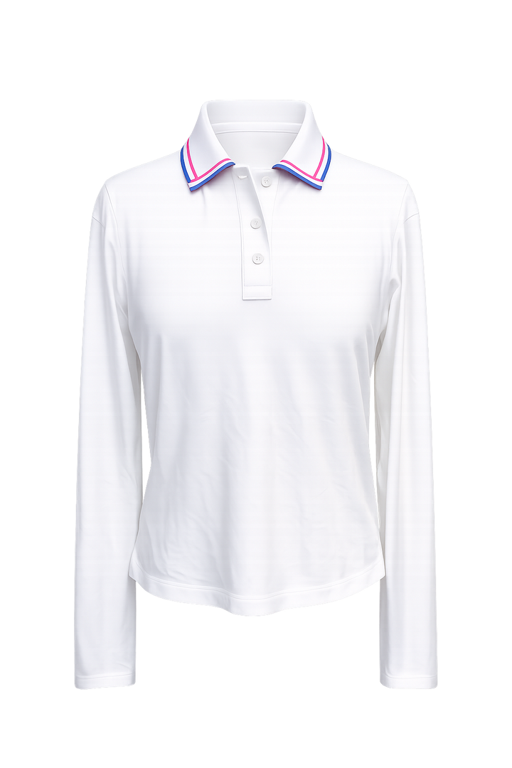 G/FORE Silky Tech Nylon Long Sleeve Polo - White/Pink/Blue - Small