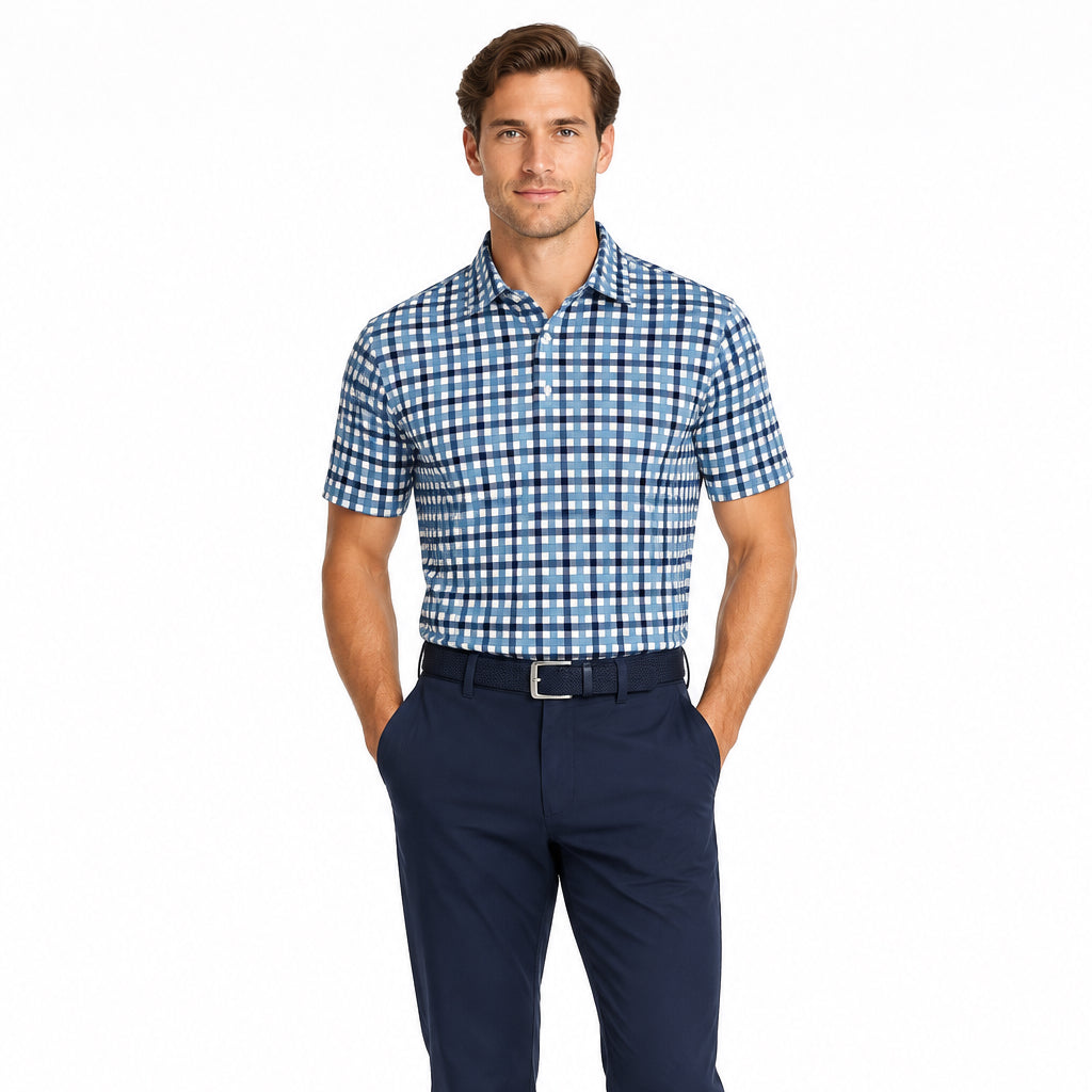 Collars & Co. Men's Polo Performance Fabric Semi-Spread Collar Blue/Navy Plaid Size L