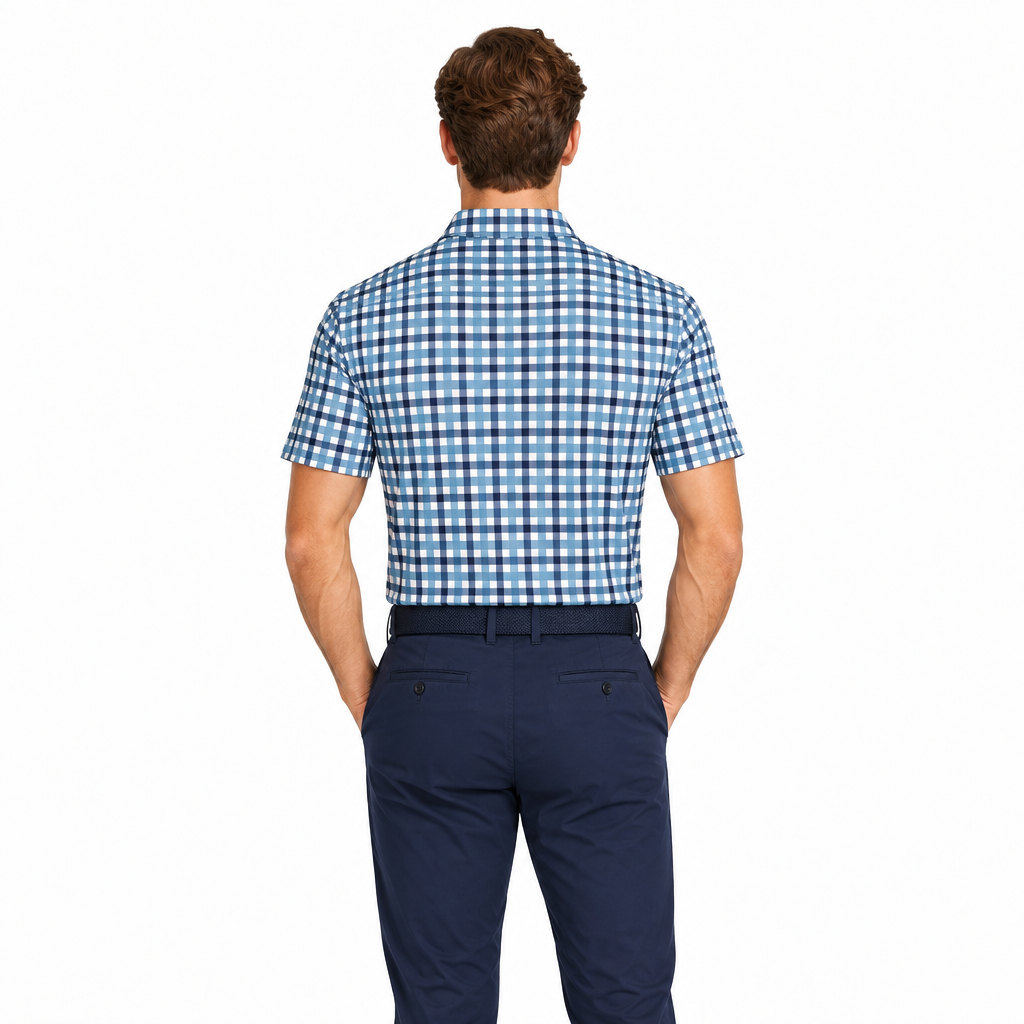 Collars & Co. Men's Polo Performance Fabric Semi-Spread Collar Blue/Navy Plaid Size L