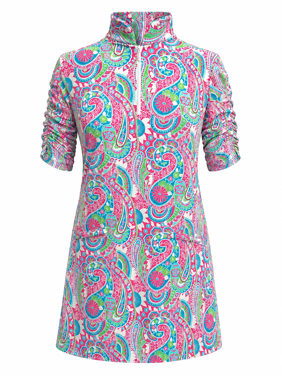 IBKUL Ruched Sleeve Mandarin Collar Dress - Pink/Turq