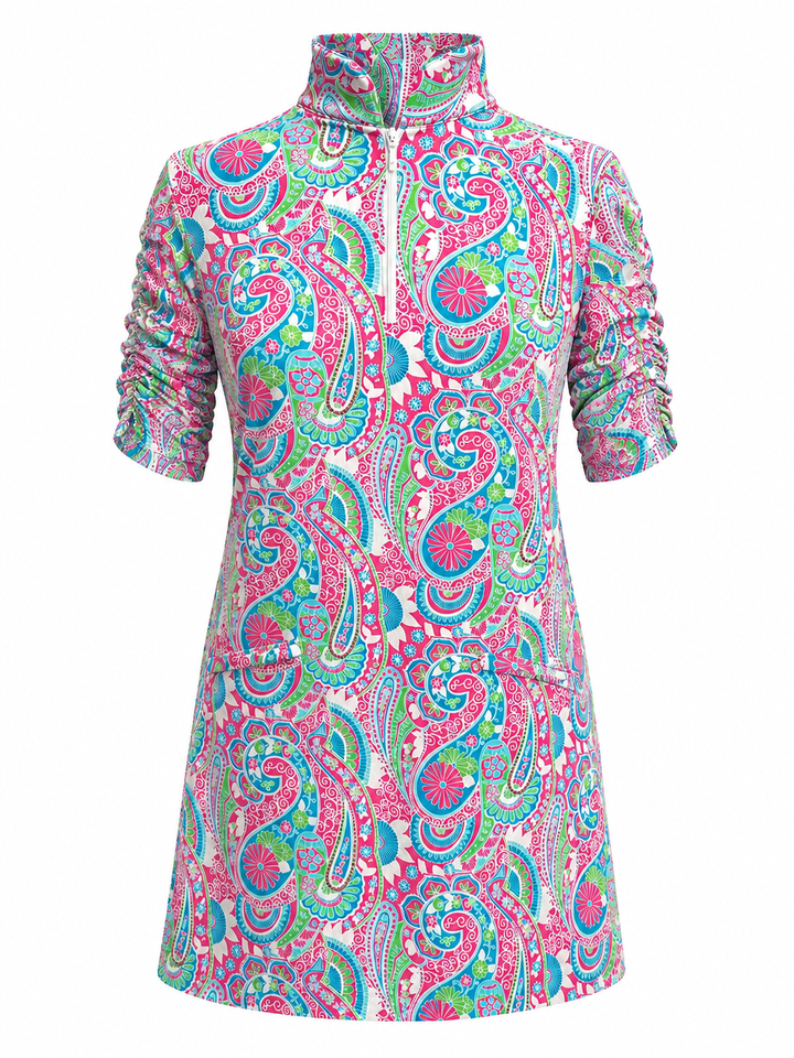 IBKUL Ruched Sleeve Mandarin Collar Dress - Pink/Turq