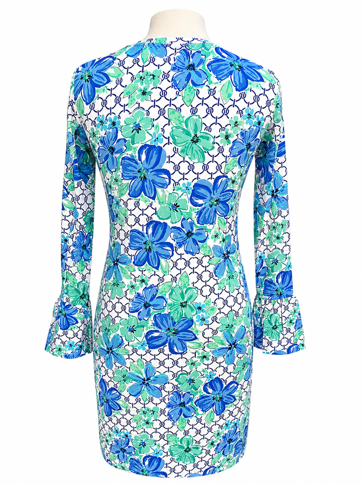 IBKUL Blue Floral Bell Sleeve Dress - Small - Skorzie