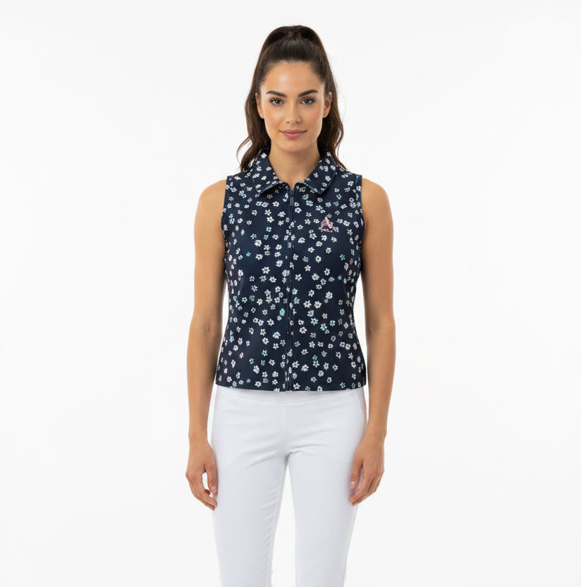 Travis Mathew Women's S/L Golf Zip Polo Moveknit Printed  (w/ logo) Navy Blazer Multi Size S
