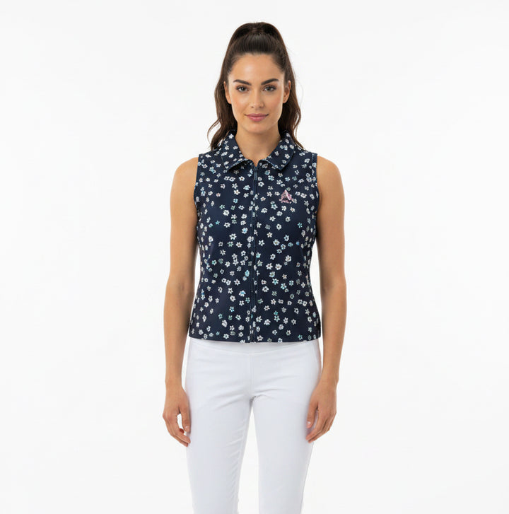 Travis Mathew Women's S/L Golf Zip Polo Moveknit Printed  (w/ logo) Navy Blazer Multi Size S