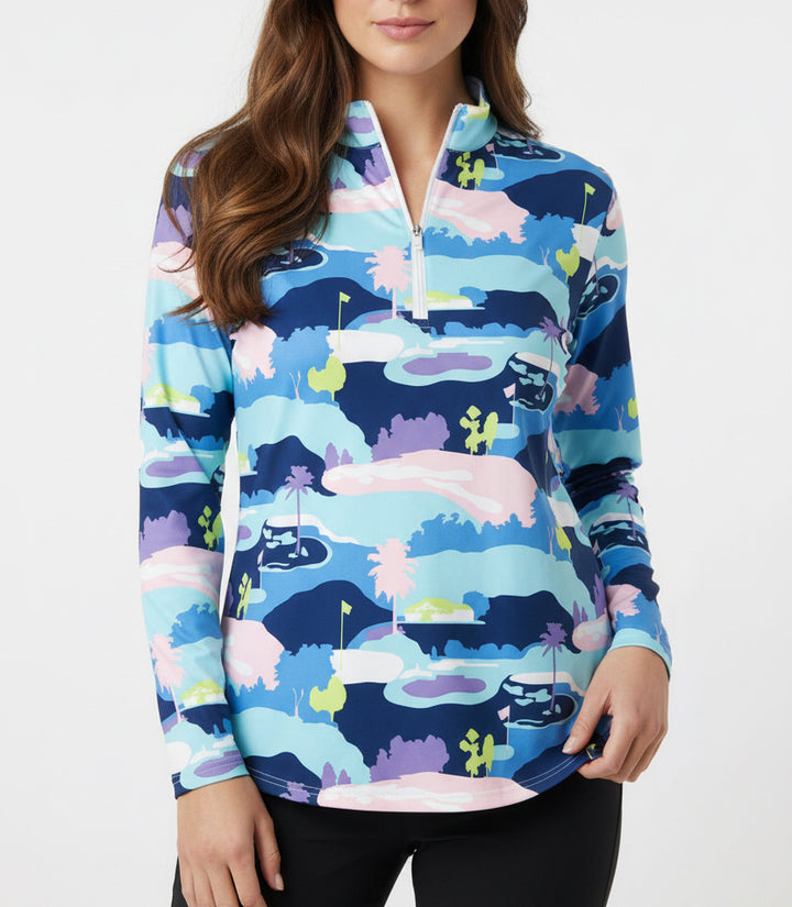 SanSoleil Women's Golf L/S Top SolCool Mock Zip Vista Blue Size XL